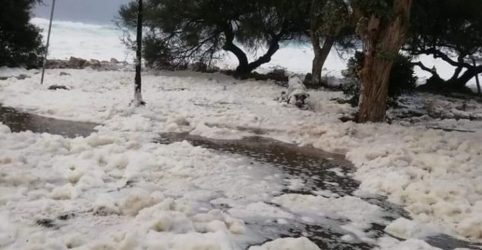 Ο Ιανός γέμισε αφρούς την παραλία «Φρίκες» στην Ιθάκη (ΦΩΤΟ)