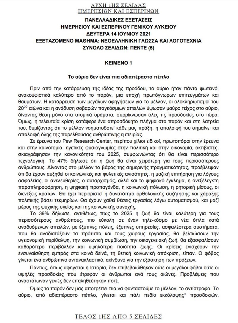Πανελλαδικές 2021 θέματα