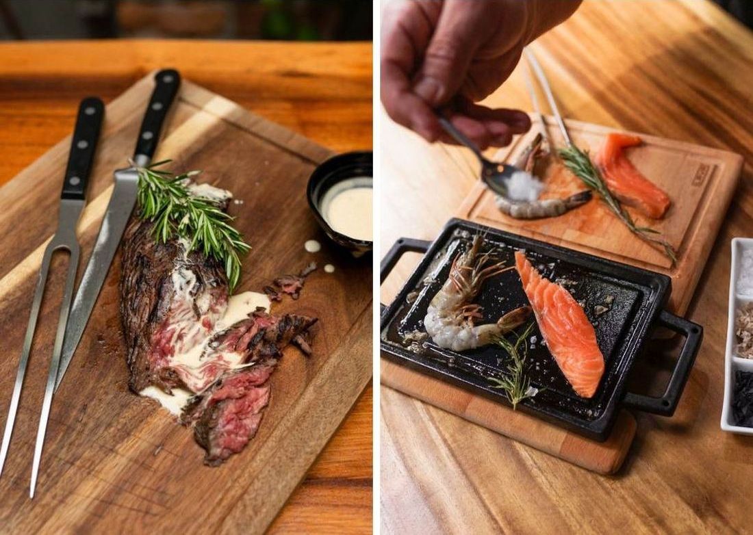 Μαντέμι θαλασσινά και κρέας Next Door L' Albero Bottom sirloin steak (αριστερά) - Σολωμός και γαρίδες (δεξιά) εστιατόριο Θεσσαλονίκη