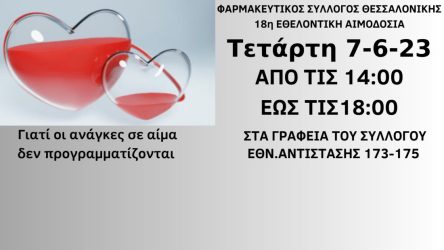 ΦΣΘ: Αύριο (7/6) η 18η εθελοντική αιμοδοσία