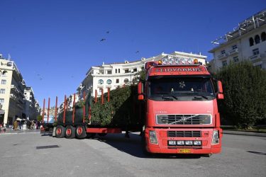 Θεσσαλονίκη: Στην πλατεία Αριστοτέλους έφτασε το 17 μέτρων χριστουγεννιάτικο δέντρο